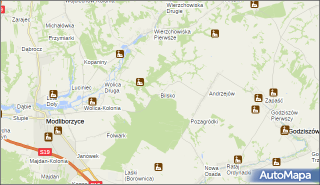 mapa Bilsko gmina Modliborzyce, Bilsko gmina Modliborzyce na mapie Targeo