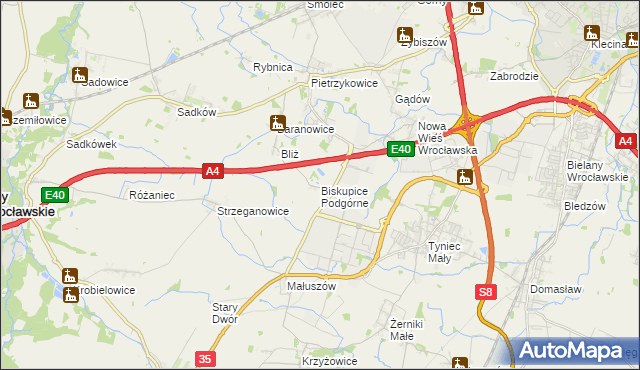 mapa Biskupice Podgórne, Biskupice Podgórne na mapie Targeo