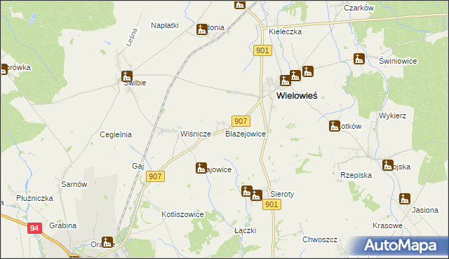 mapa Błażejowice gmina Wielowieś, Błażejowice gmina Wielowieś na mapie Targeo