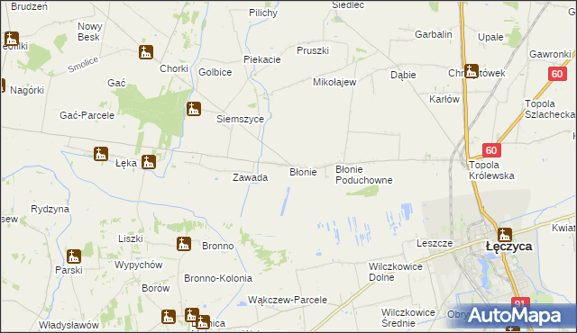 mapa Błonie gmina Łęczyca, Błonie gmina Łęczyca na mapie Targeo