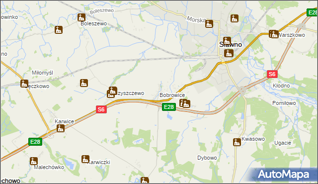 mapa Bobrowice gmina Sławno, Bobrowice gmina Sławno na mapie Targeo