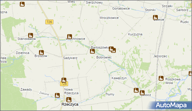 mapa Bobrowiec gmina Rzeczyca, Bobrowiec gmina Rzeczyca na mapie Targeo