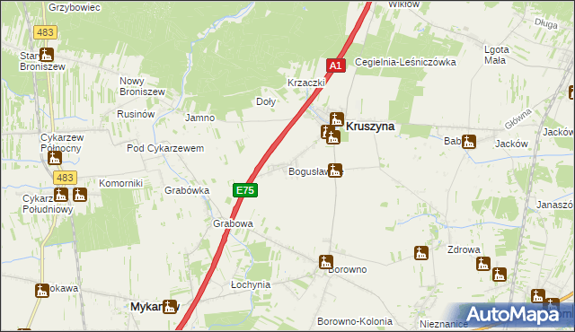 mapa Bogusławice gmina Kruszyna, Bogusławice gmina Kruszyna na mapie Targeo