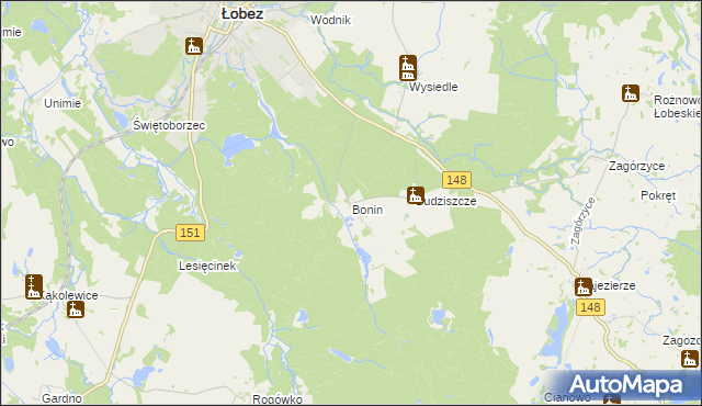 mapa Bonin gmina Łobez, Bonin gmina Łobez na mapie Targeo