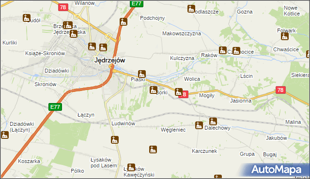 mapa Borki gmina Jędrzejów, Borki gmina Jędrzejów na mapie Targeo