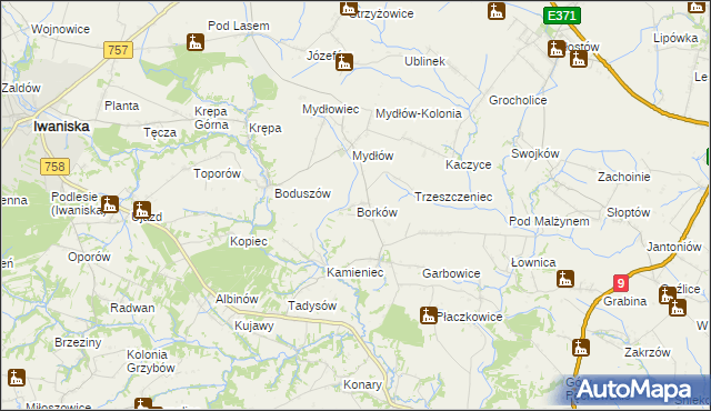 mapa Borków gmina Iwaniska, Borków gmina Iwaniska na mapie Targeo