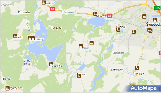 mapa Borów gmina Świebodzin, Borów gmina Świebodzin na mapie Targeo