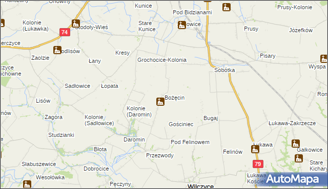 mapa Bożęcin gmina Wilczyce, Bożęcin gmina Wilczyce na mapie Targeo
