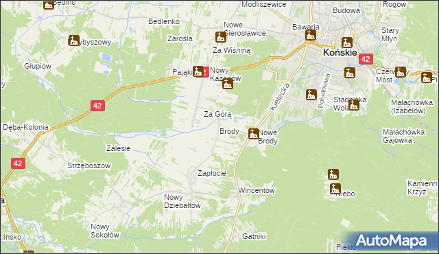 mapa Brody gmina Końskie, Brody gmina Końskie na mapie Targeo