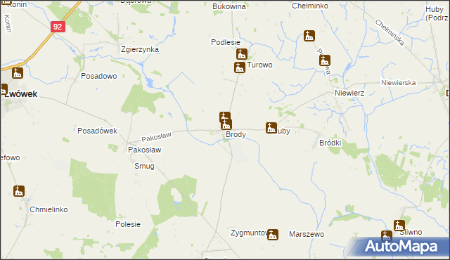mapa Brody gmina Lwówek, Brody gmina Lwówek na mapie Targeo
