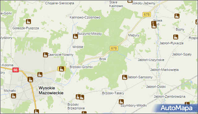 mapa Brok gmina Wysokie Mazowieckie, Brok gmina Wysokie Mazowieckie na mapie Targeo