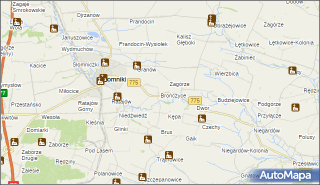 mapa Brończyce gmina Słomniki, Brończyce gmina Słomniki na mapie Targeo