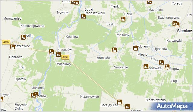 mapa Broników gmina Wierzchlas, Broników gmina Wierzchlas na mapie Targeo