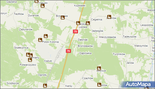 mapa Bronisławów gmina Tarłów, Bronisławów gmina Tarłów na mapie Targeo
