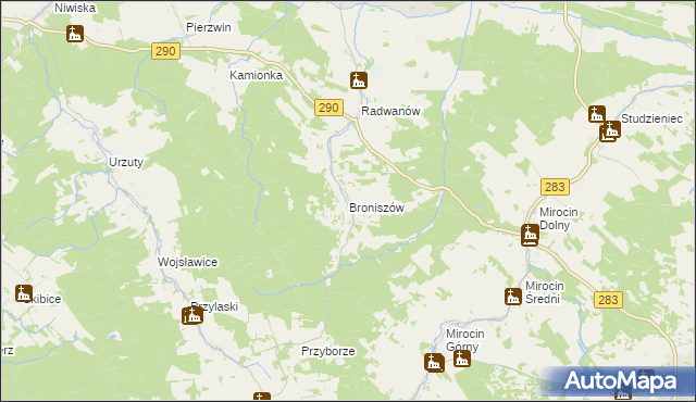 mapa Broniszów gmina Kożuchów, Broniszów gmina Kożuchów na mapie Targeo
