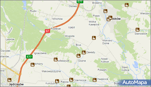 mapa Brus gmina Jędrzejów, Brus gmina Jędrzejów na mapie Targeo