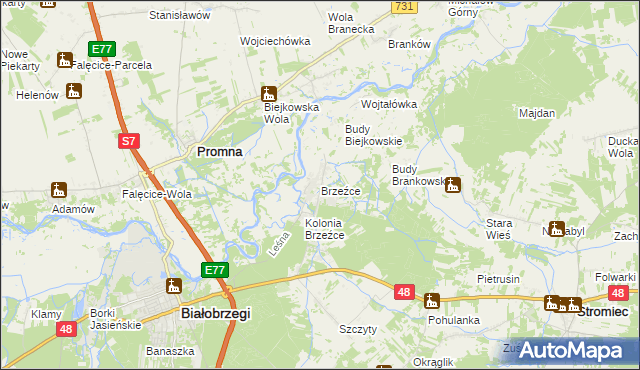 mapa Brzeźce gmina Białobrzegi, Brzeźce gmina Białobrzegi na mapie Targeo