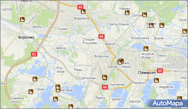 mapa Brzezinka gmina Oświęcim, Brzezinka gmina Oświęcim na mapie Targeo
