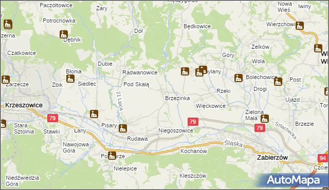 mapa Brzezinka gmina Zabierzów, Brzezinka gmina Zabierzów na mapie Targeo
