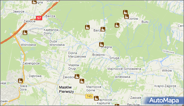 mapa Brzezinki gmina Masłów, Brzezinki gmina Masłów na mapie Targeo