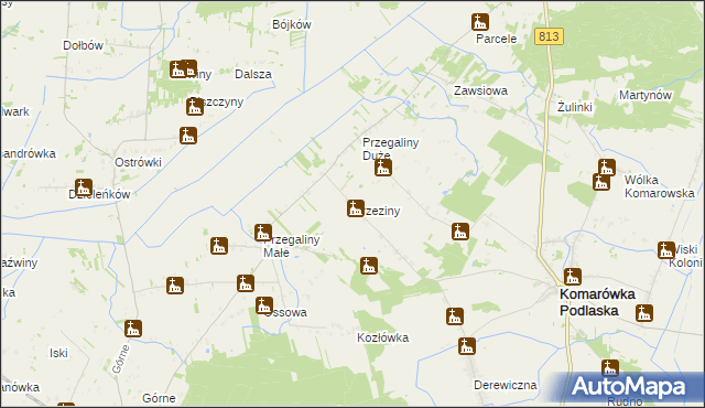 mapa Brzeziny gmina Komarówka Podlaska, Brzeziny gmina Komarówka Podlaska na mapie Targeo