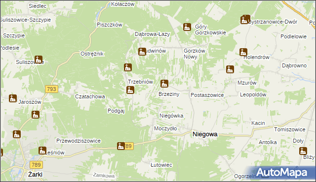 mapa Brzeziny gmina Niegowa, Brzeziny gmina Niegowa na mapie Targeo
