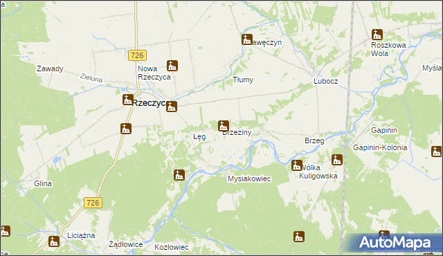 mapa Brzeziny gmina Rzeczyca, Brzeziny gmina Rzeczyca na mapie Targeo