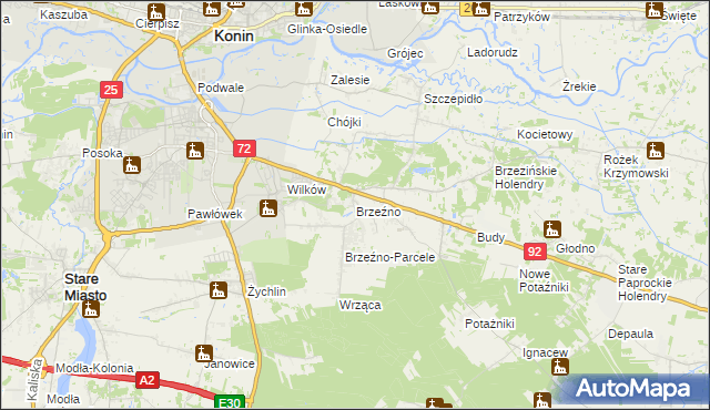 mapa Brzeźno gmina Krzymów, Brzeźno gmina Krzymów na mapie Targeo