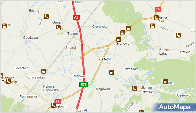 mapa Brzeźno gmina Lubicz, Brzeźno gmina Lubicz na mapie Targeo