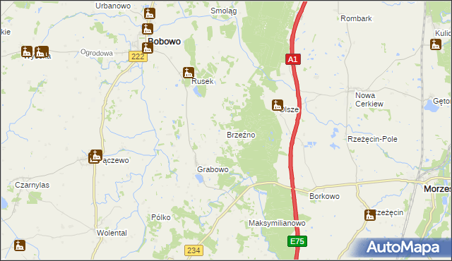 mapa Brzeźno gmina Morzeszczyn, Brzeźno gmina Morzeszczyn na mapie Targeo