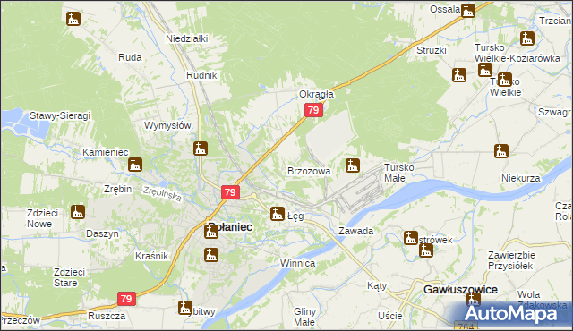 mapa Brzozowa gmina Połaniec, Brzozowa gmina Połaniec na mapie Targeo