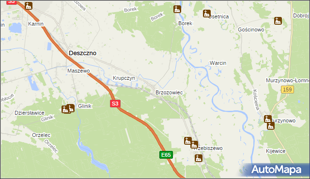 mapa Brzozowiec gmina Deszczno, Brzozowiec gmina Deszczno na mapie Targeo