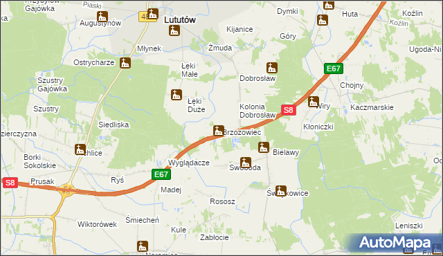 mapa Brzozowiec gmina Lututów, Brzozowiec gmina Lututów na mapie Targeo