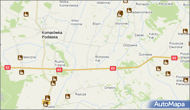 mapa Brzozowy Kąt gmina Komarówka Podlaska, Brzozowy Kąt gmina Komarówka Podlaska na mapie Targeo