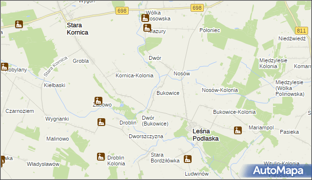 mapa Bukowice gmina Leśna Podlaska, Bukowice gmina Leśna Podlaska na mapie Targeo