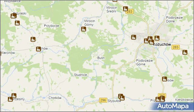 mapa Bulin gmina Kożuchów, Bulin gmina Kożuchów na mapie Targeo