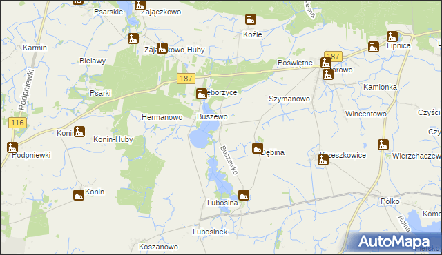 mapa Buszewko gmina Pniewy, Buszewko gmina Pniewy na mapie Targeo