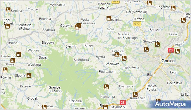 mapa Bystra gmina Gorlice, Bystra gmina Gorlice na mapie Targeo