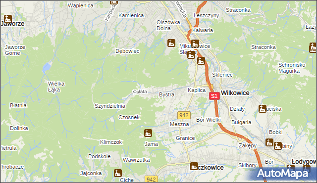 mapa Bystra gmina Wilkowice, Bystra gmina Wilkowice na mapie Targeo