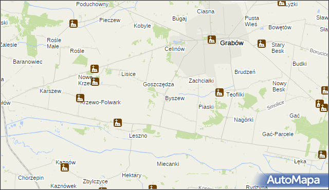 mapa Byszew gmina Grabów, Byszew gmina Grabów na mapie Targeo