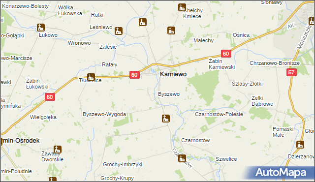 mapa Byszewo gmina Karniewo, Byszewo gmina Karniewo na mapie Targeo