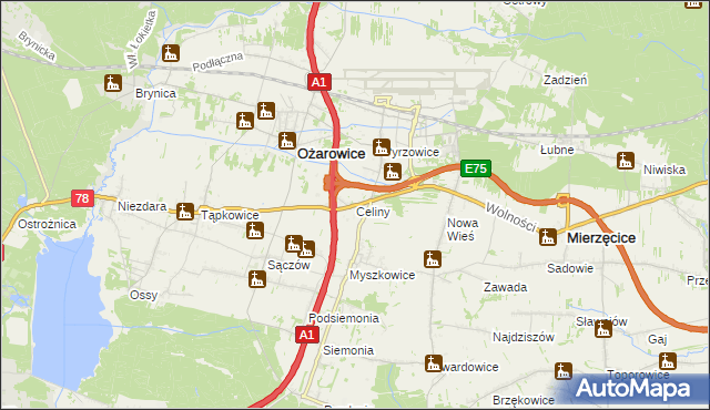 mapa Celiny gmina Ożarowice, Celiny gmina Ożarowice na mapie Targeo