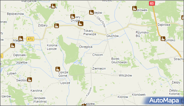 mapa Chocim gmina Kawęczyn, Chocim gmina Kawęczyn na mapie Targeo