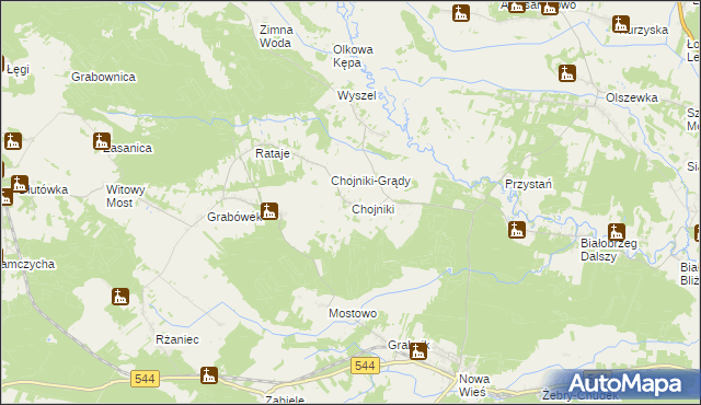 mapa Chojniki gmina Olszewo-Borki, Chojniki gmina Olszewo-Borki na mapie Targeo