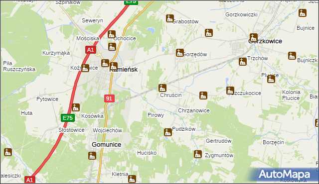 mapa Chruścin gmina Gomunice, Chruścin gmina Gomunice na mapie Targeo