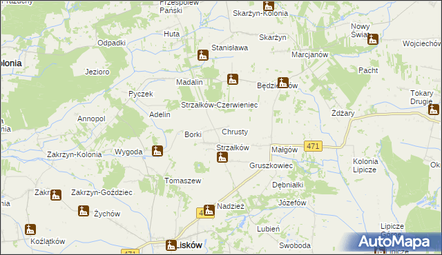 mapa Chrusty gmina Lisków, Chrusty gmina Lisków na mapie Targeo