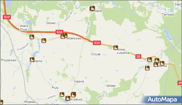 mapa Chude gmina Wałcz, Chude gmina Wałcz na mapie Targeo