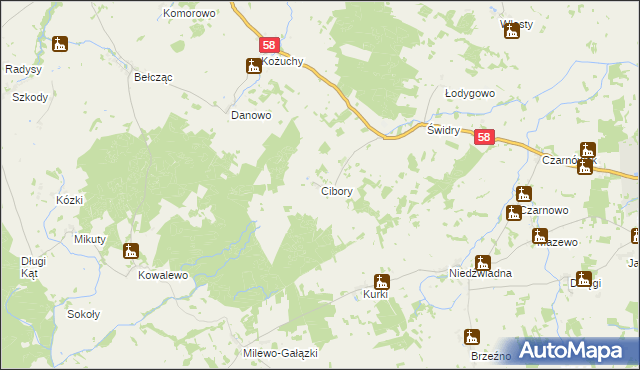 mapa Cibory gmina Biała Piska, Cibory gmina Biała Piska na mapie Targeo