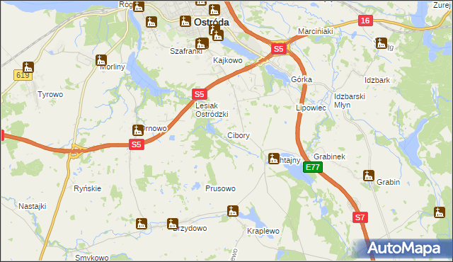 mapa Cibory gmina Ostróda, Cibory gmina Ostróda na mapie Targeo