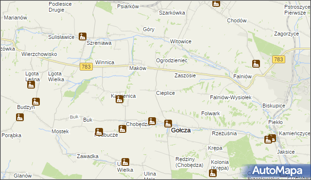 mapa Cieplice gmina Gołcza, Cieplice gmina Gołcza na mapie Targeo